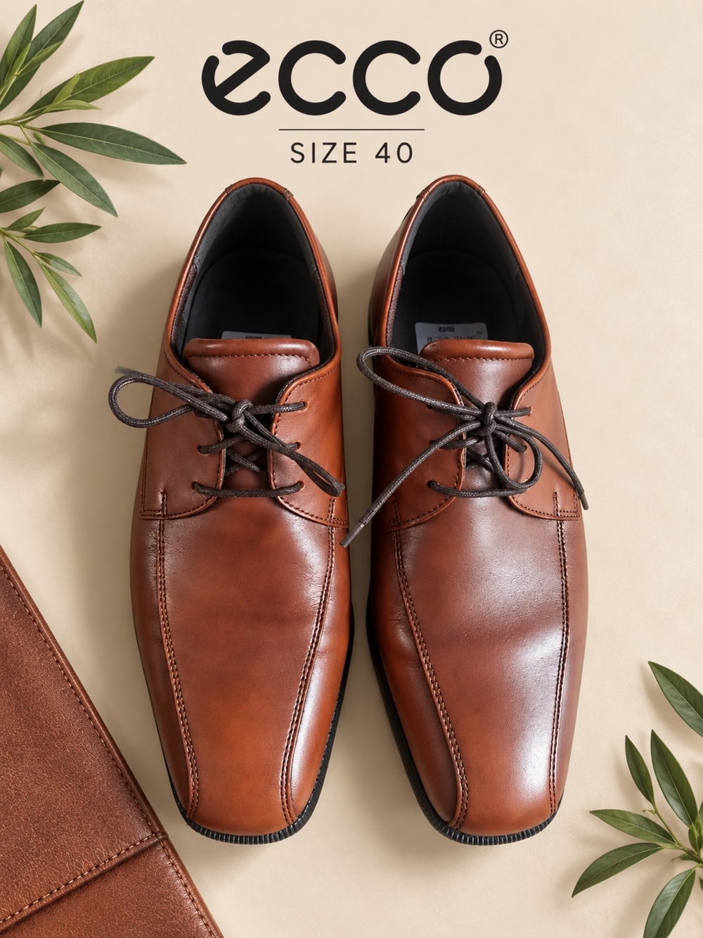 EUC Ecco Men's Minimalist Tan Leather Derby Dress Shoes, Size 40